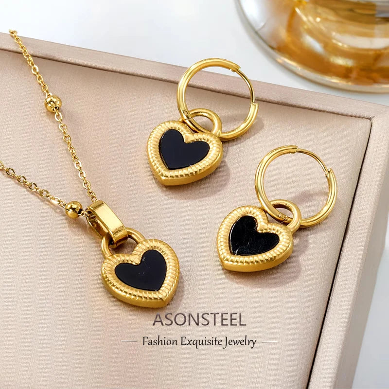 Parure Cœur Noir Waterproof — Collier & Boucles d’Oreilles